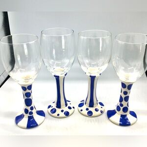 4Pc VTG Magnolia Lane Blue & White Ceramic &, Glass Wine Glasses, Hand Painted